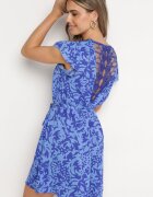 melya by melody Rochie Albastru și Bleumarin cu Mânecă Scurtă Decorată cu Plasă la Decolteu cu Curea din Material Textil Meada