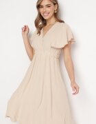 melya by melody Rochie Bej Evazată Midi cu Decolteu Petrecut Mirenal