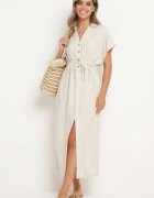 melya by melody Rochie din bumbac bej cu partea de sus tip cămașă și șnur în talie Vikleta