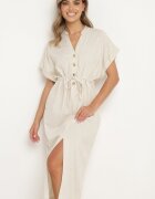 melya by melody Rochie din bumbac bej cu partea de sus tip cămașă și șnur în talie Vikleta