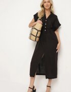 melya by melody Rochie din bumbac neagră cu top tip cămașă și șnur în talie Vikleta