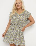 melya by melody Rochie Galbenă din Viscoză cu Flori cu Centură și Broderii Nelindia