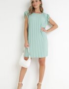 melya by melody Rochie Mini Croială Dreaptă Verde Deschis din Țesătură Plisată din Vâscoză și Bumbac Ematisa