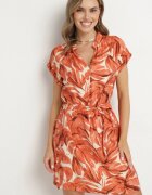 melya by melody Rochie portocalie dreaptă cu decolteu în V cu imprimeu vegetal și cordon în talie Resevia