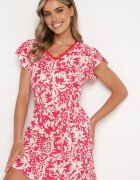 melya by melody Rochie Roșu-Bej cu mânecă scurtă decorată cu plasă la decolteu cu curea din material Meada