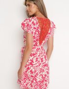 melya by melody Rochie Roșu-Bej cu mânecă scurtă decorată cu plasă la decolteu cu curea din material Meada