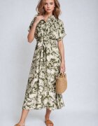melya by melody Rochie Verde-Bej Taliată cu elastic în talie Închisă cu nasturi Nasica