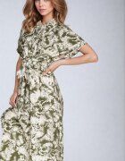 melya by melody Rochie Verde-Bej Taliată cu elastic în talie Închisă cu nasturi Nasica