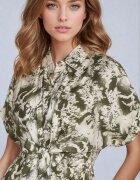 melya by melody Rochie Verde-Bej Taliată cu elastic în talie Închisă cu nasturi Nasica