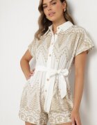 melya by melody Salopetă Albă de Bumbac cu Broderie cu Guler și Curea Legată Ulisana