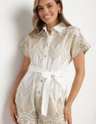 melya by melody Salopetă Albă de Bumbac cu Broderie cu Guler și Curea Legată Ulisana