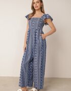 melya by melody Salopetă de vară Casual din vâscoză cu broderie etno și volănașe Paninna Albastră