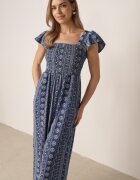melya by melody Salopetă de vară Casual din vâscoză cu broderie etno și volănașe Paninna Albastră