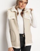 melya by melody Vestă bej deschis din piele ecologică cu blană Lilkana