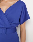 messaya Rochie Bleumarin cu Decolteu Petrecut cu Curea din Material Decorată cu Cataramă Fienara