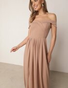 messaya Rochie de cocktail evazată Bej închis cu decolteu spaniol și șliț la picior Gralia