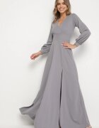 messaya Rochie de cocktail gri cloș cu mâneci bufante și fentă pe picior Erqellia