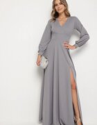 messaya Rochie de cocktail gri cloș cu mâneci bufante și fentă pe picior Erqellia