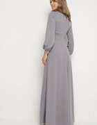 messaya Rochie de cocktail gri cloș cu mâneci bufante și fentă pe picior Erqellia