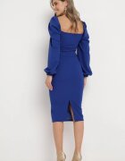 messaya Rochie Midi Bleumarin cu Top Petrecut și Mâneci Bufante Decorată cu Volane Azurma