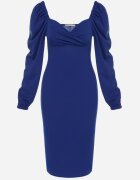 messaya Rochie Midi Bleumarin cu Top Petrecut și Mâneci Bufante Decorată cu Volane Azurma
