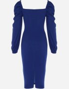 messaya Rochie Midi Bleumarin cu Top Petrecut și Mâneci Bufante Decorată cu Volane Azurma