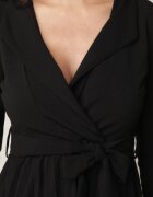 messaya Rochie Midi Neagră cu Fustă Plisată și Decolteu Petrecut cu Cordon din Material Obebba