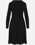 messaya Rochie Midi Neagră cu Fustă Plisată și Decolteu Petrecut cu Cordon din Material Obebba