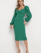 messaya Rochie Midi Verde cu Fason petrecut și Mâneci bufante Ornamentată cu Încrețituri Azurma