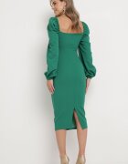 messaya Rochie Midi Verde cu Fason petrecut și Mâneci bufante Ornamentată cu Încrețituri Azurma