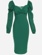 messaya Rochie Midi Verde cu Fason petrecut și Mâneci bufante Ornamentată cu Încrețituri Azurma