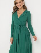 messaya Rochie Midi Verde cu tiv plisat și decolteu petrecut cu cordon din material Obebba