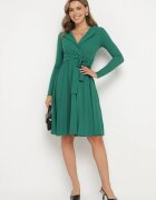 messaya Rochie Midi Verde cu tiv plisat și decolteu petrecut cu cordon din material Obebba