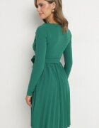 messaya Rochie Midi Verde cu tiv plisat și decolteu petrecut cu cordon din material Obebba