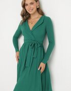 messaya Rochie Midi Verde cu tiv plisat și decolteu petrecut cu cordon din material Obebba