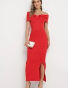 messaya Rochie Roșie Maxi Fără Bretele cu Fundă Decorativă și Șlit Marigore