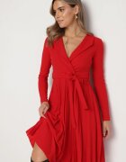 messaya Rochie roșie midi cu fustă plisată și decolteu petrecut cu cordon din material Obebba