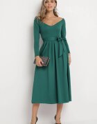 messaya Rochie Verde Evazată Midi cu Centură și Decolteu Triunghiular Lunasky
