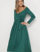 messaya Rochie Verde Evazată Midi cu Centură și Decolteu Triunghiular Lunasky