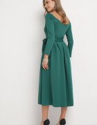 messaya Rochie Verde Evazată Midi cu Centură și Decolteu Triunghiular Lunasky
