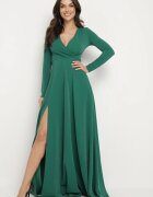 messaya Rochie Verde închis Evazată cu Decolteu în V și Șliț Decorată cu Fir Metalic Emilandra
