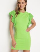 metro five Rochie Verde Deschis Mulată Din Bumbac cu Volan Ajurat Belohia