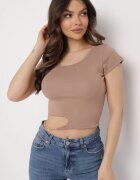 metrofive Tricou Bej închis din bumbac cu decupaj asimetric și lanț decorativ Glitia