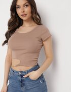metrofive Tricou Bej închis din bumbac cu decupaj asimetric și lanț decorativ Glitia