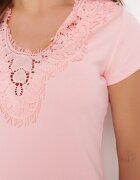 metrofive Tricou Roz deschis Din bumbac cu mânecă scurtă cu dantelă la mâneci și decolteu Fiadella