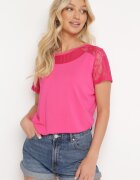 metrofive Tricou roz din Vâscoză cu Mânecă Scurtă și Dantelă Relliara