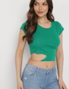 metro five Tricou Verde de bumbac cu Decolteu Asimetric și Lănțișor Decorativ Glitia