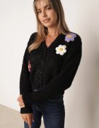 metrofive Cardigan cu adaos de lână decorat cu flori 3D cu fir metalic Kaye Negru