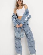 milas91 Pantaloni Albaștri cu Crăci Drepți și Largi cu Multe Buzunare Liafina