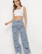 milas91 Pantaloni Albaștri cu Crăci Drepți și Largi cu Multe Buzunare Liafina